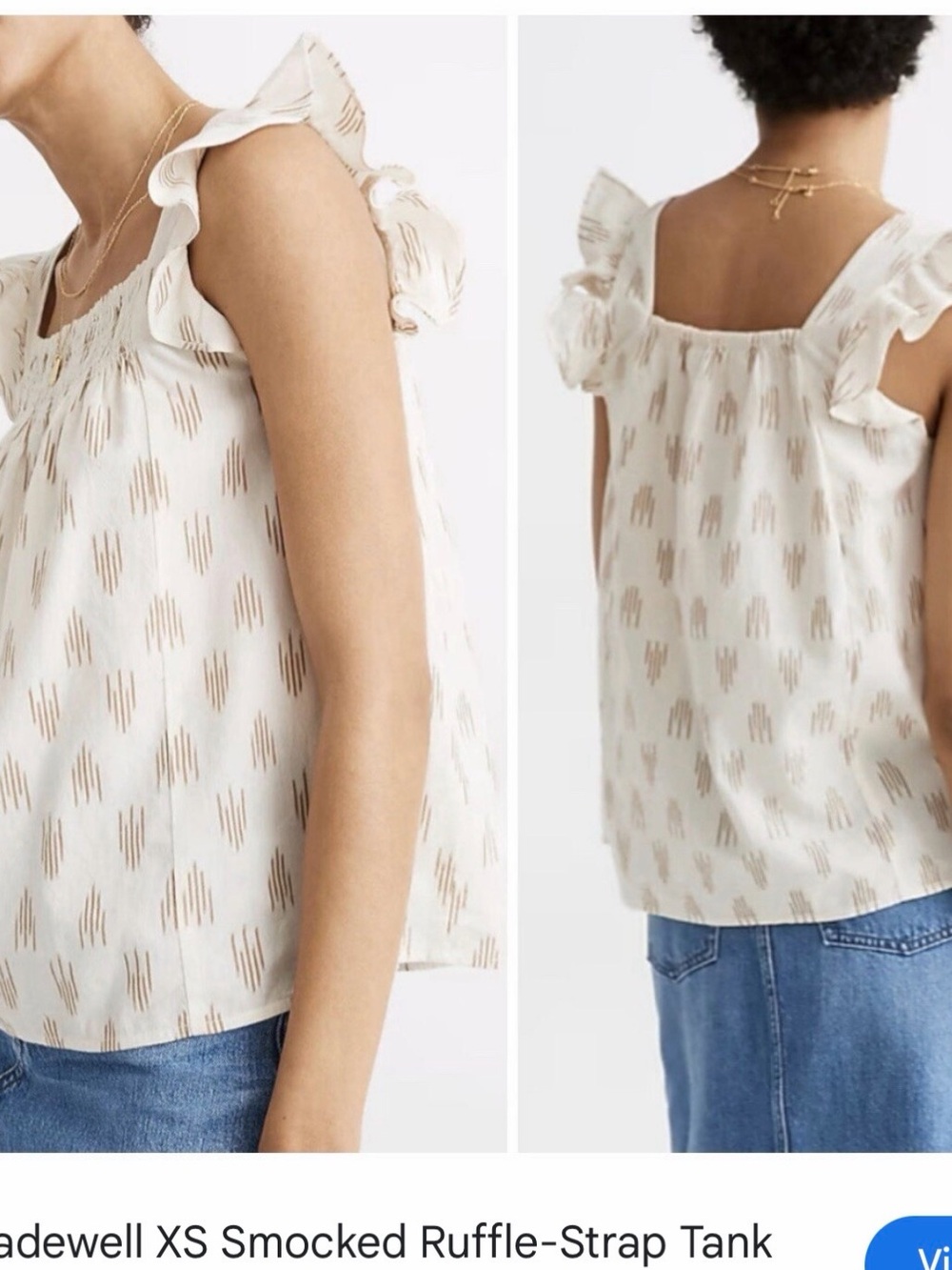 Madewell Cream Ikat Smocked Ruffle-Shoulder Tank